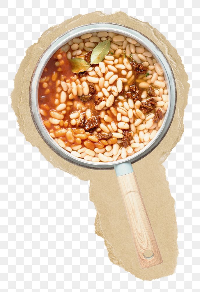 Png white beans in tomato sauce sticker, food torn paper, transparent background