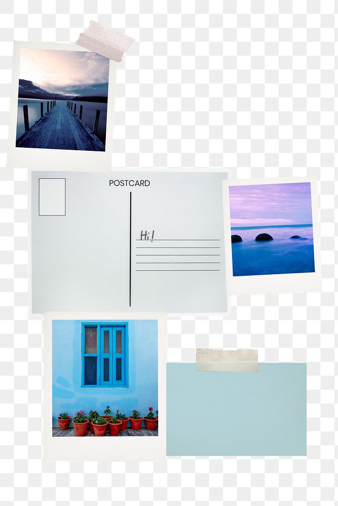 Png aesthetic mood board sticker, blue postcard, transparent background