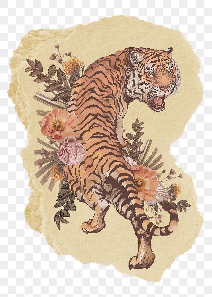 Roaring tiger png sticker, ripped paper, transparent background