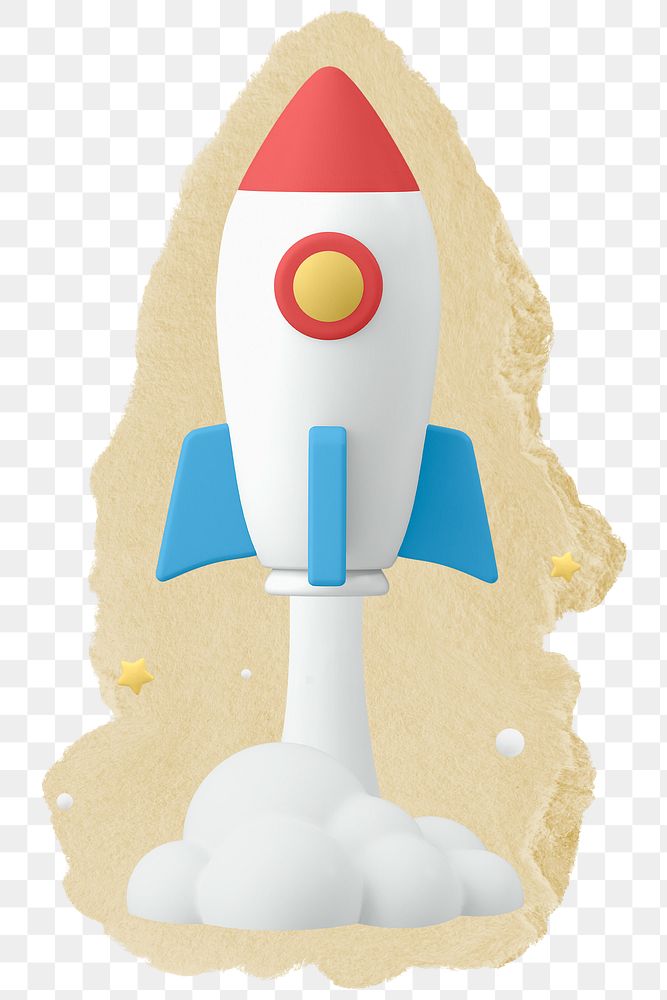 3D rocket png sticker, ripped paper, transparent background