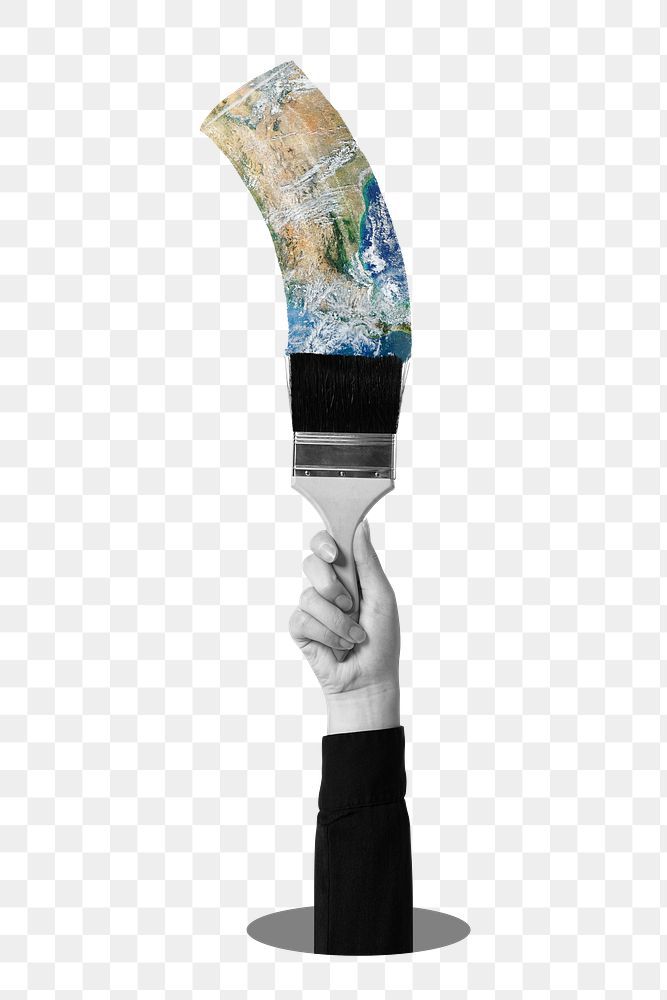 Png hand holding paintbrush sticker, remixed media design, transparent background