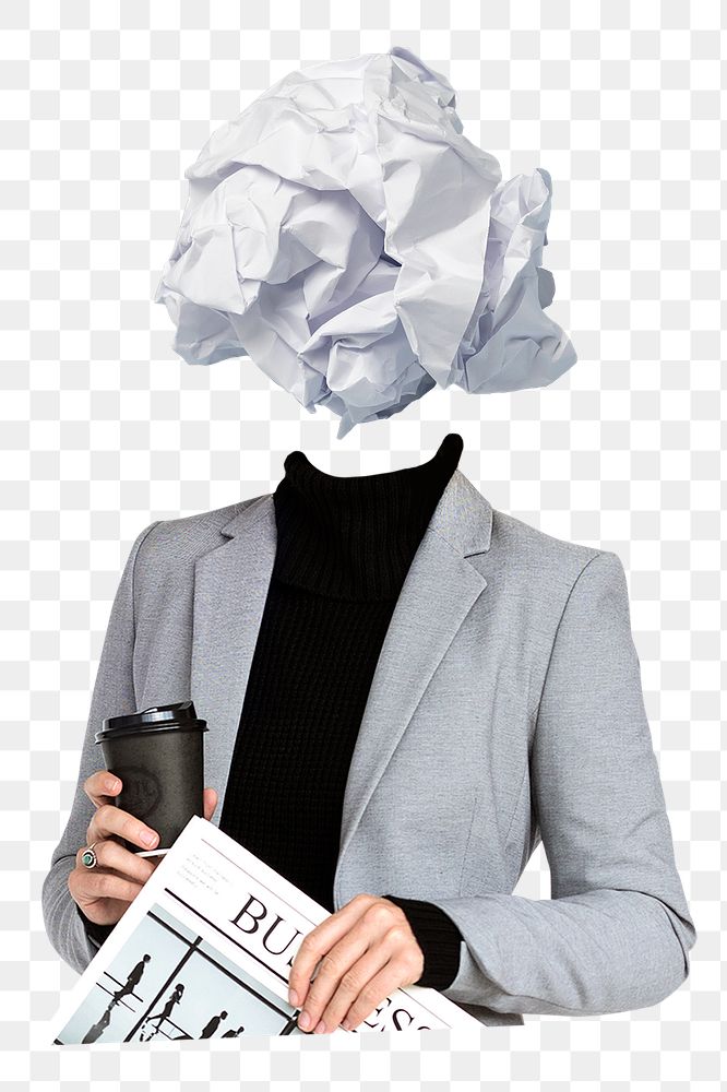 Crumpled paper png head businesswoman sticker, journalism, writer's block remixed media, transparent background