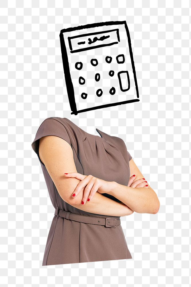 Calculator head png businesswoman sticker, accountant, finance remixed media, transparent background