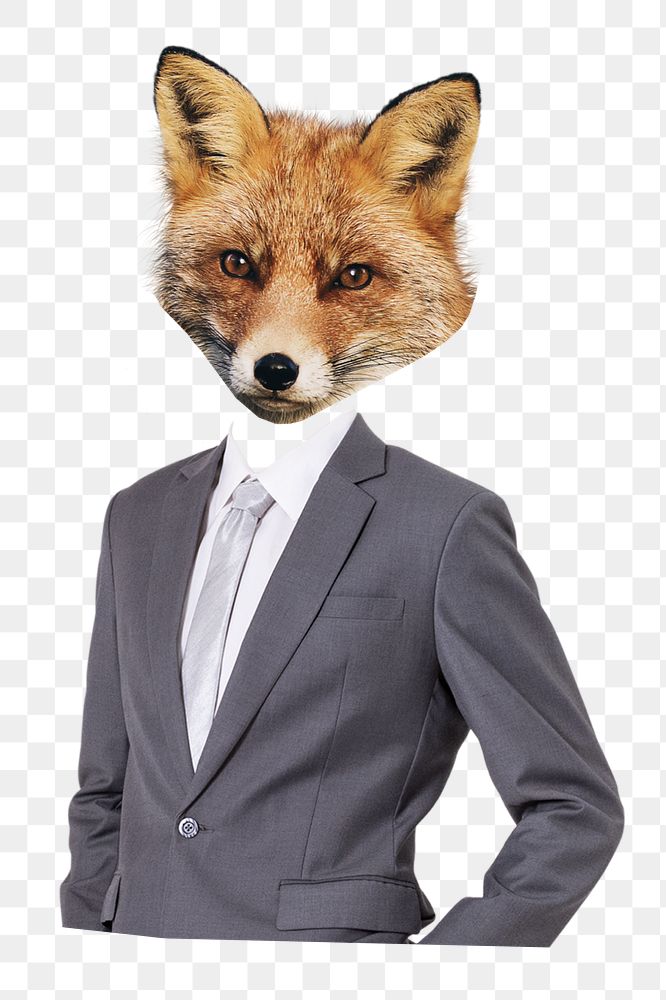 Businessman png fox head sticker, animal, surreal remixed media, transparent background