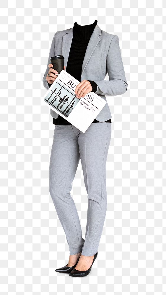 Headless businesswoman png sticker, holding newspaper, full body image, transparent background