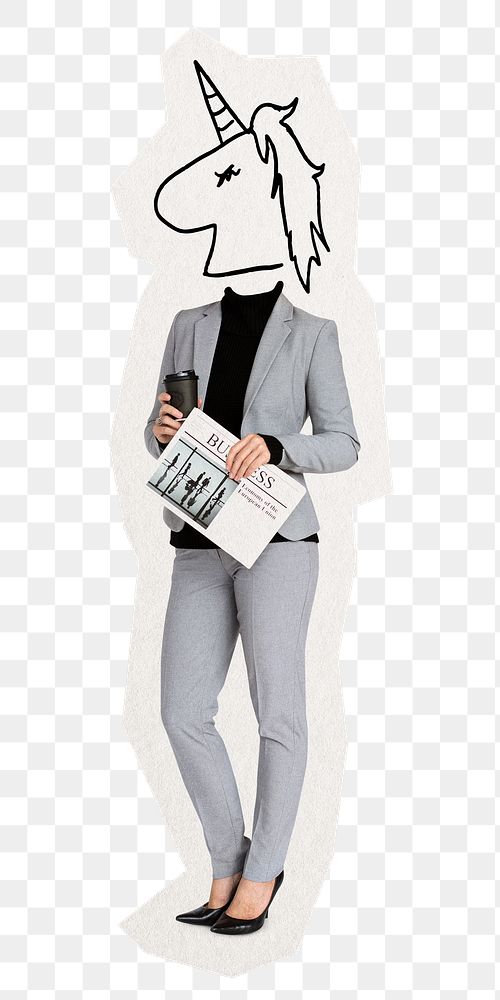 Unicorn head png businesswoman sticker, startup business remixed media, transparent background