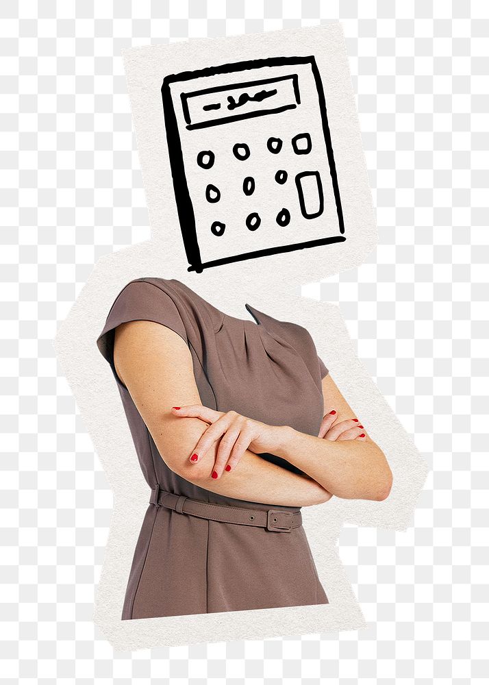 Calculator head png businesswoman sticker, accountant, finance remixed media, transparent background