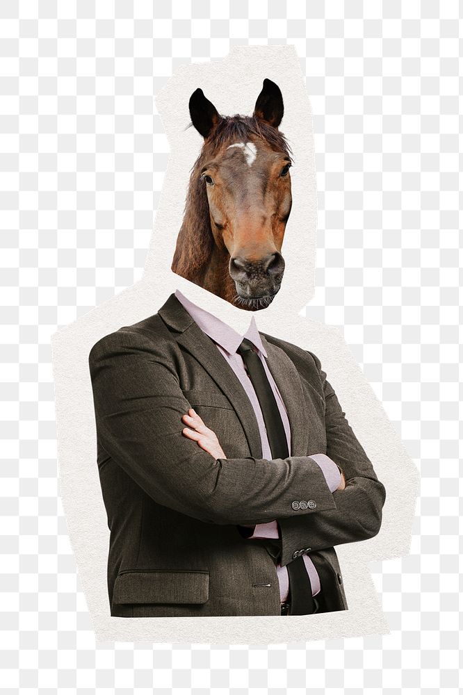 Businessman png horse head sticker, animal, surreal remixed media, transparent background