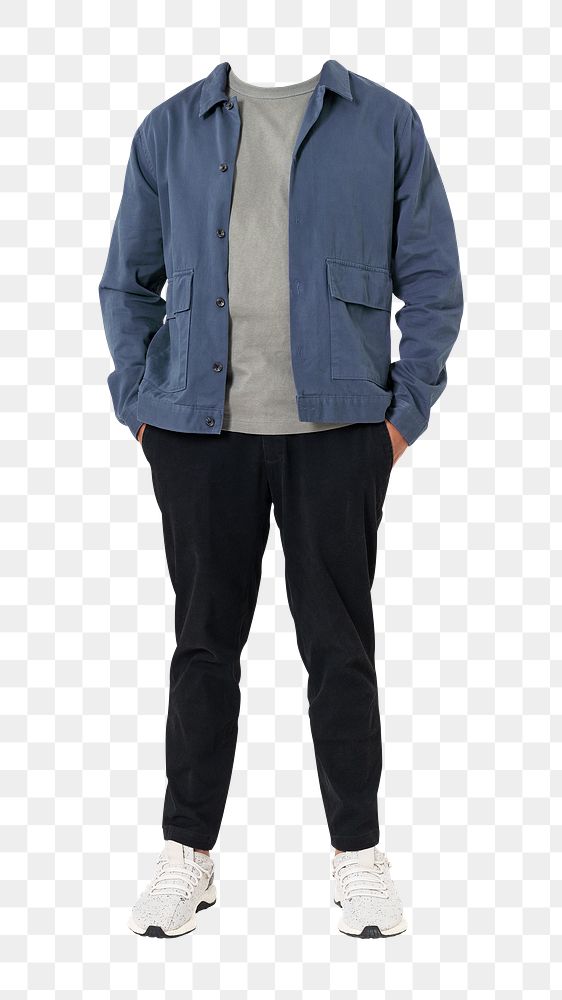 Headless man png sticker, wearing blue jacket, transparent background
