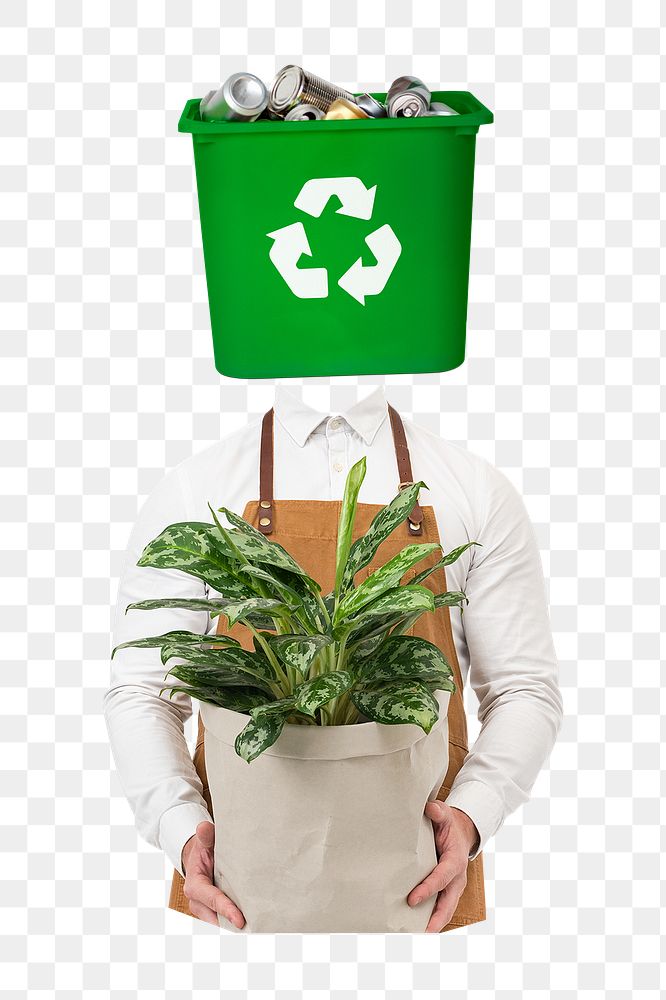Recycle bin head png man sticker, environment remixed media, transparent background
