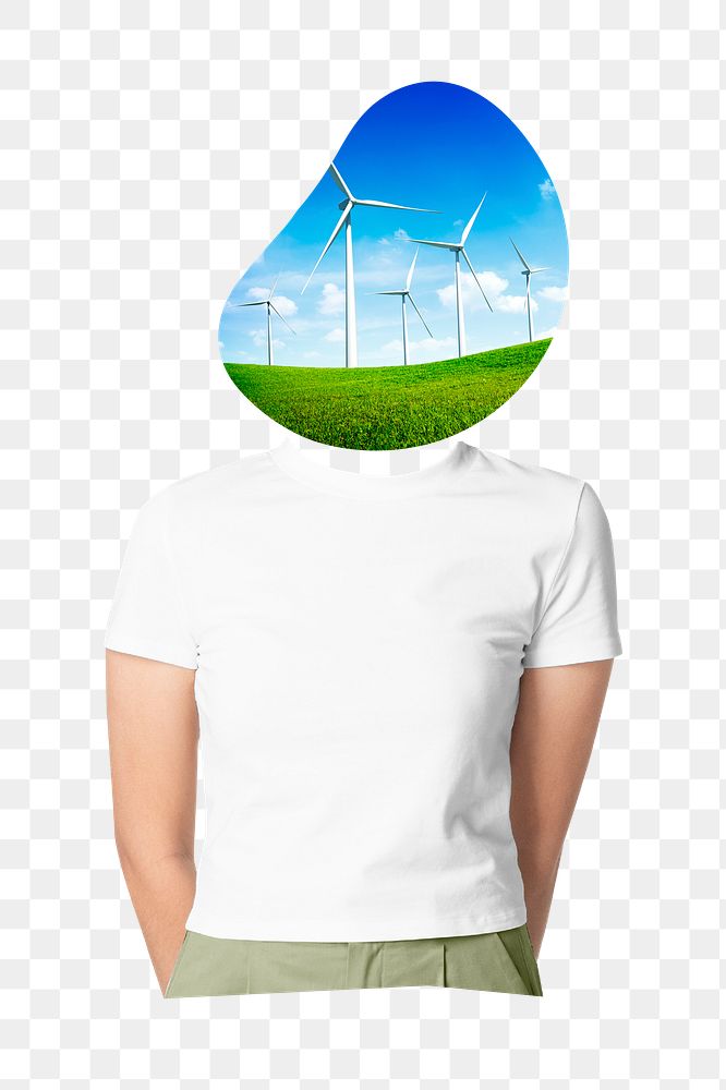 Wind turbine head png woman sticker, environment remixed media, transparent background