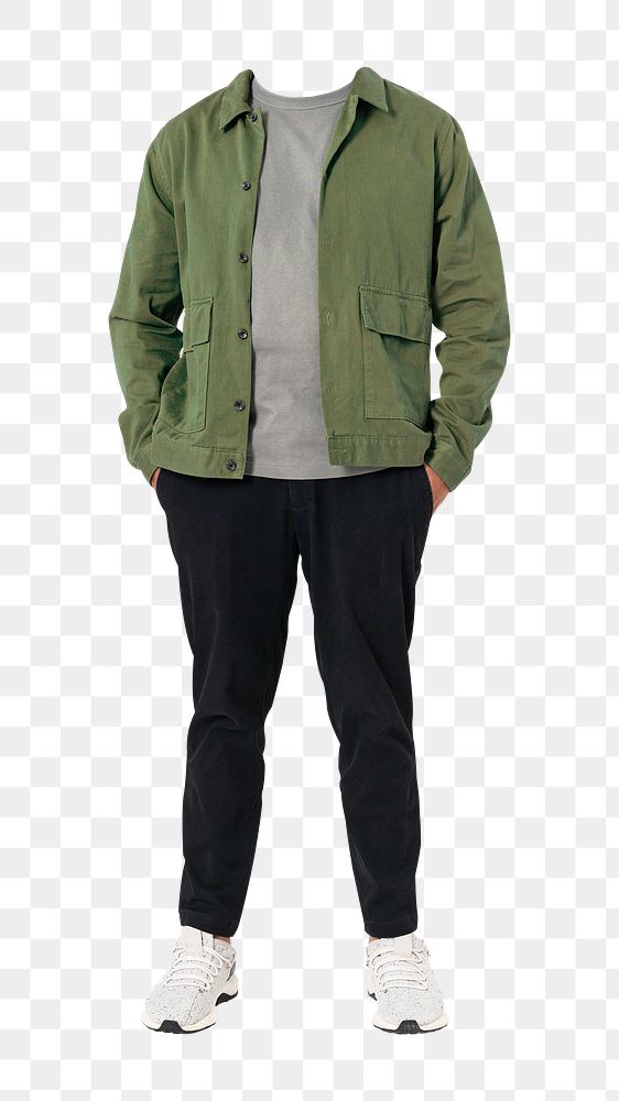 Headless man png sticker, wearing green jacket, transparent background