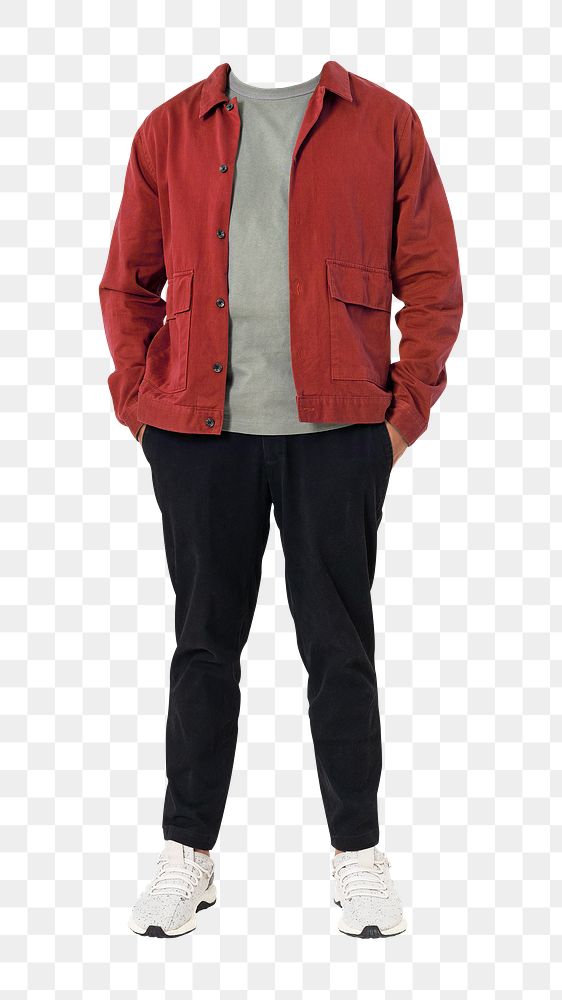Headless man png sticker, wearing red jacket, transparent background
