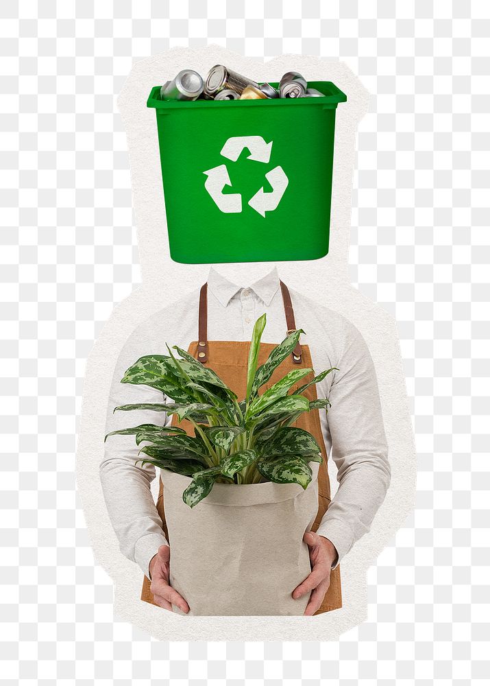 Recycle bin head png man sticker, environment remixed media, transparent background