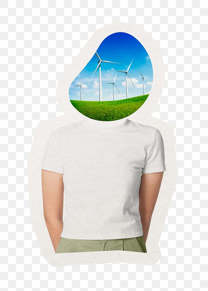 Wind turbine head png woman sticker, environment remixed media, transparent background
