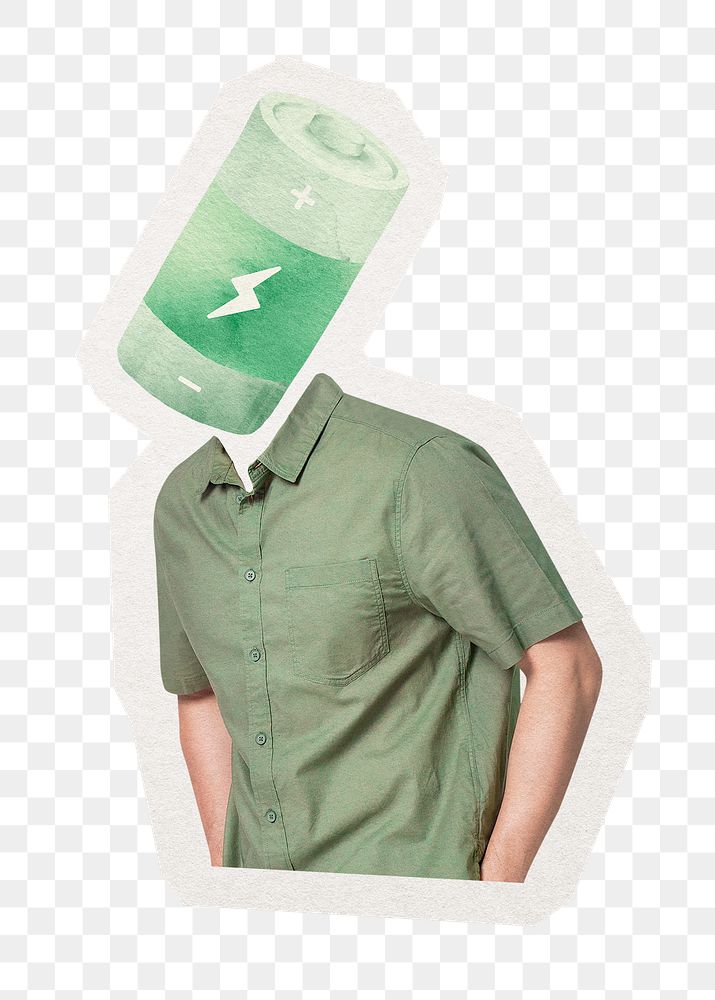 Green battery head png man sticker, renewable energy remixed media, transparent background