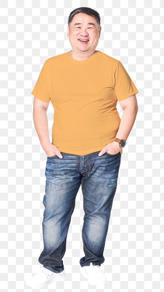 Plus-size mature png man sticker, yellow t-shirt, full body image, transparent background