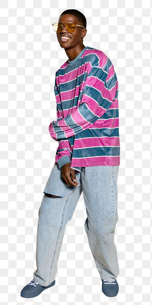 Black teenage png man sticker, pink striped t-shirt image on transparent background