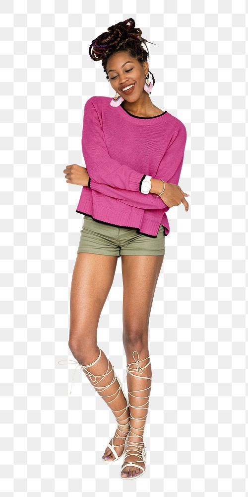 Trendy woman png pink sweater, Spring fashion, full body image, transparent background