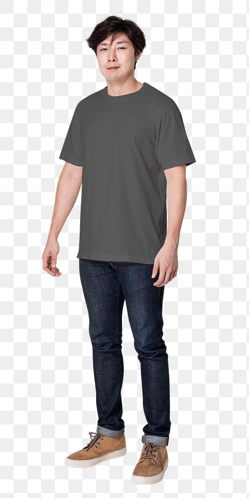 Asian man png sticker, gray t-shirt, full body image on transparent background