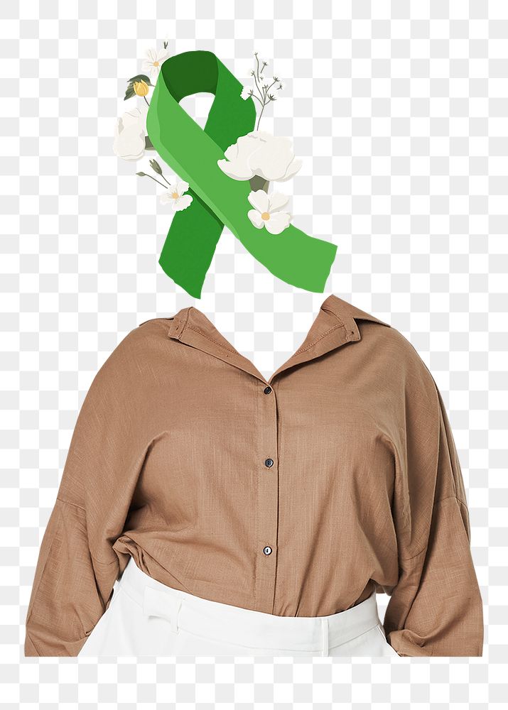 Green ribbon png mental health head woman, health remixed media, transparent background