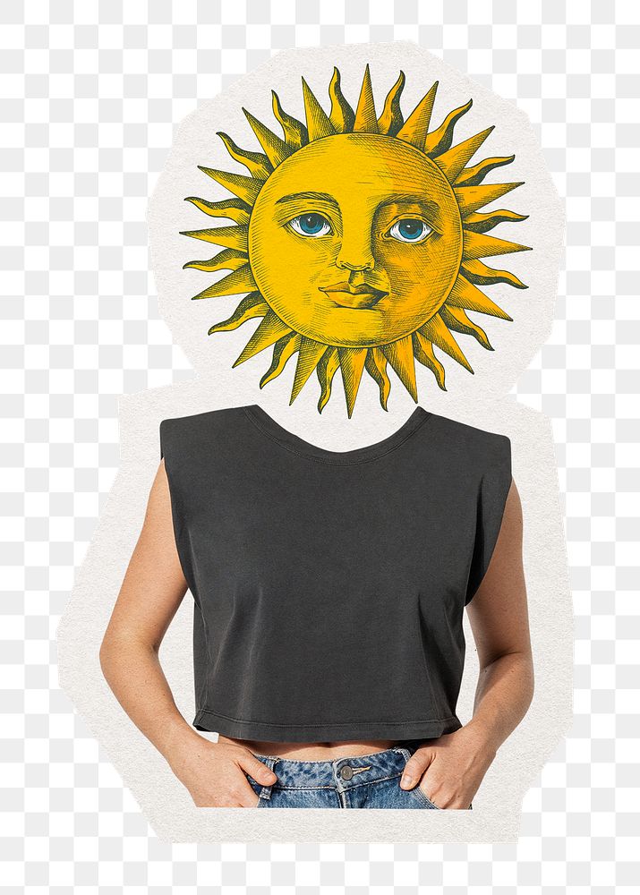 Celestial sun head png woman sticker, whimsical abstract remixed media, transparent background
