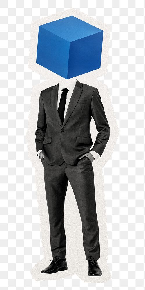 Blue box png head businessman sticker, tech company remixed media, transparent background