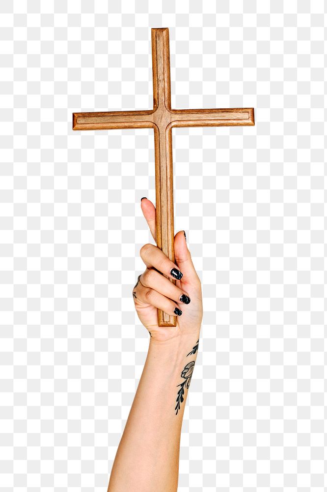 Wooden cross png in hand sticker on transparent background
