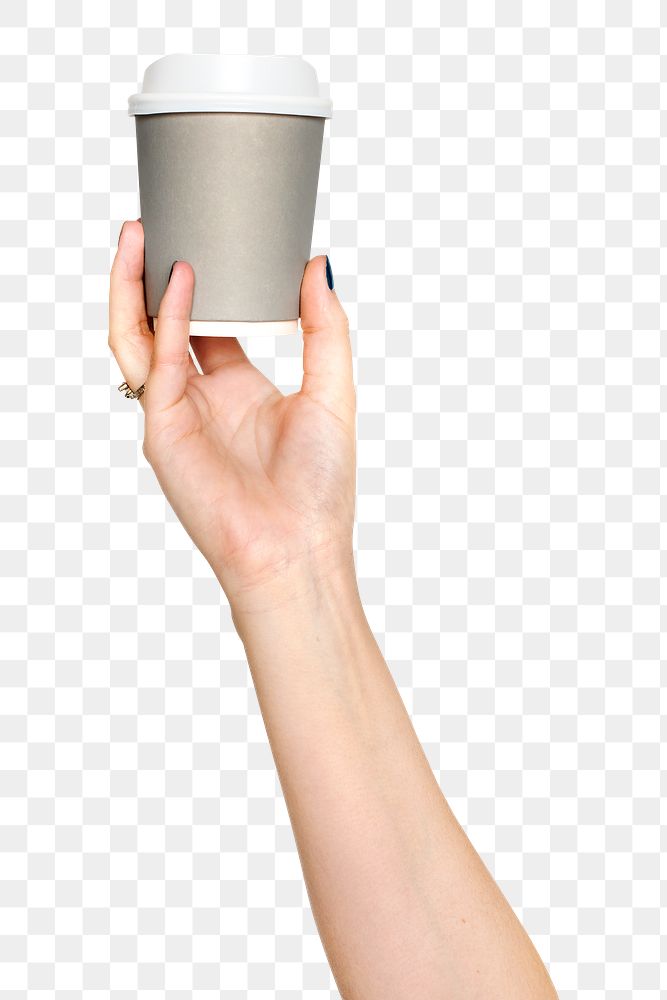 Png coffee paper cup in hand sticker on transparent background