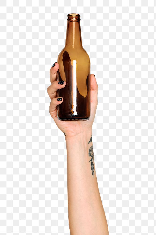Glass bottle png in hand sticker on transparent background