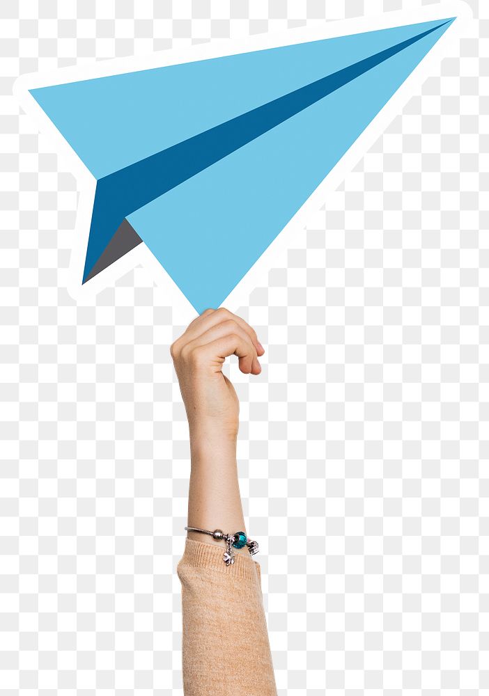 Hand png holding paper plane sticker, transparent background