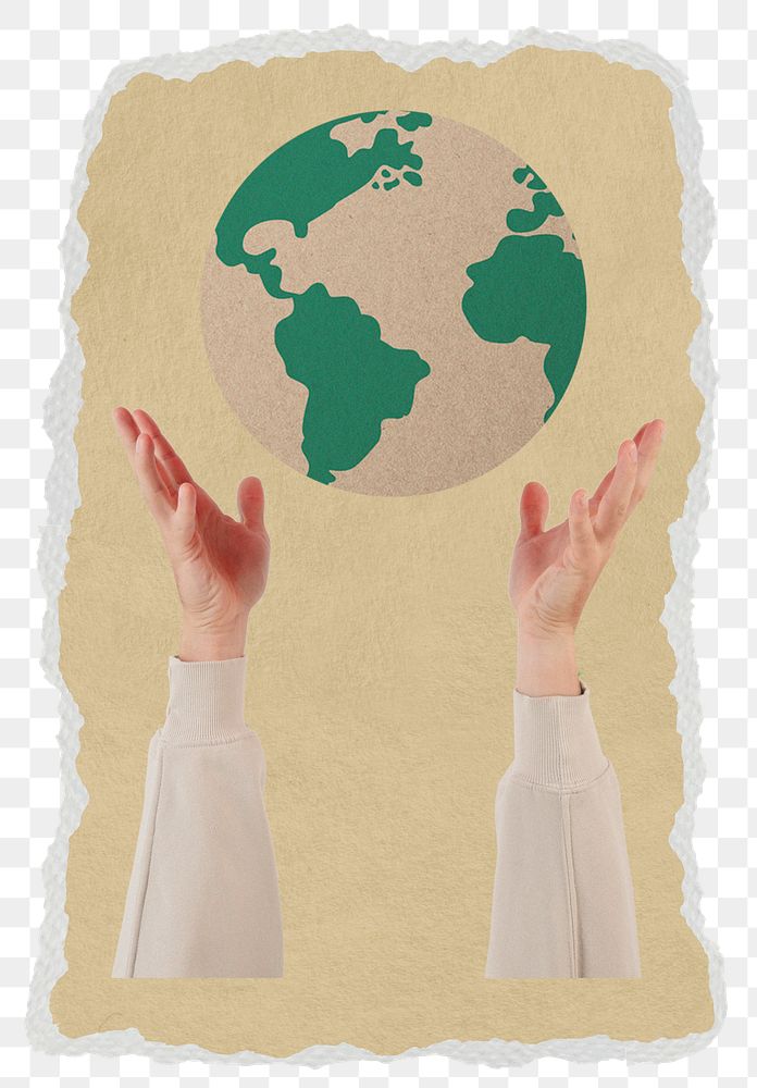 Hand presenting globe png sticker, ripped paper, transparent background