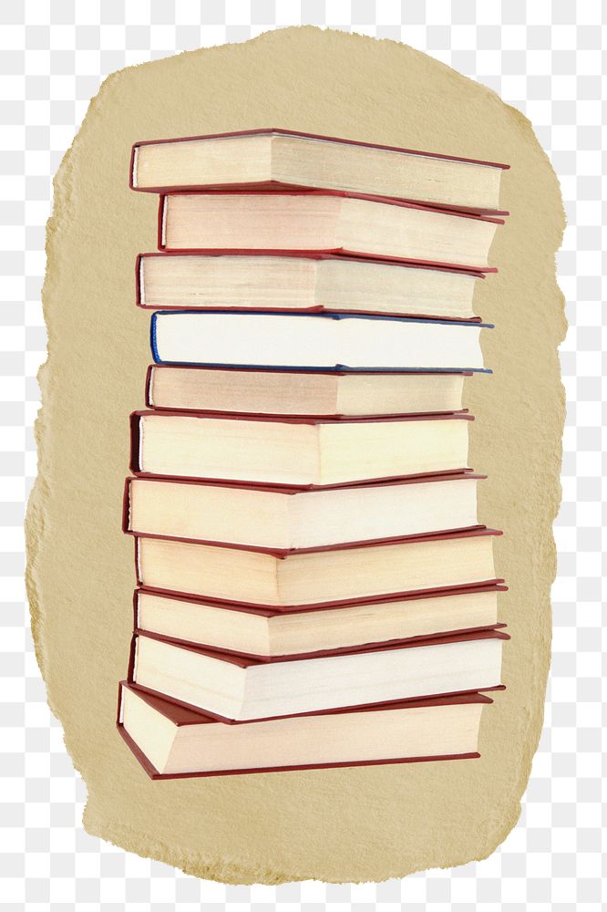 Stacked books png sticker, ripped paper, transparent background