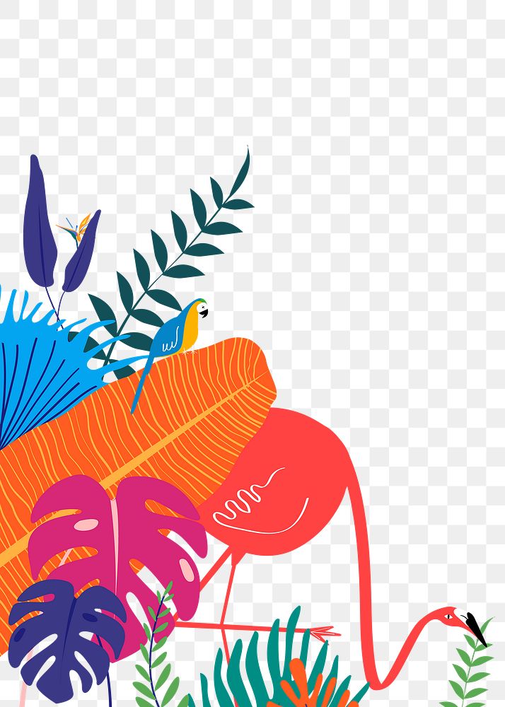 Flamingo and parrot png border clip art, aesthetic botanical graphic element on transparent background 