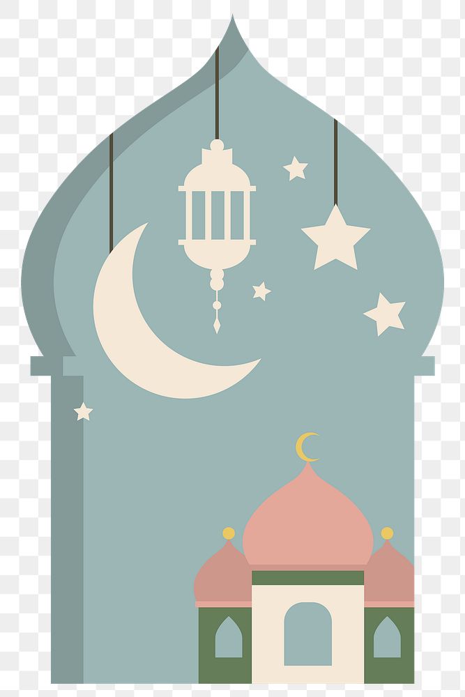 Png blue mosque design element with stars, crescent moon, and a lantern