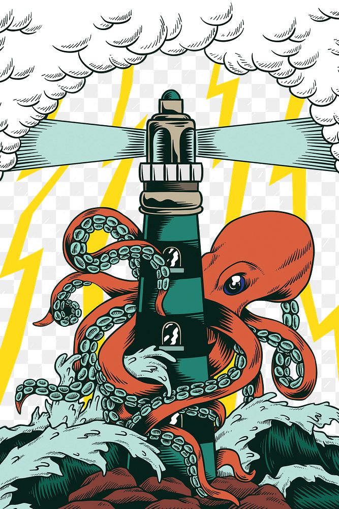Giant octopus png sticker, lighthouse transparent background