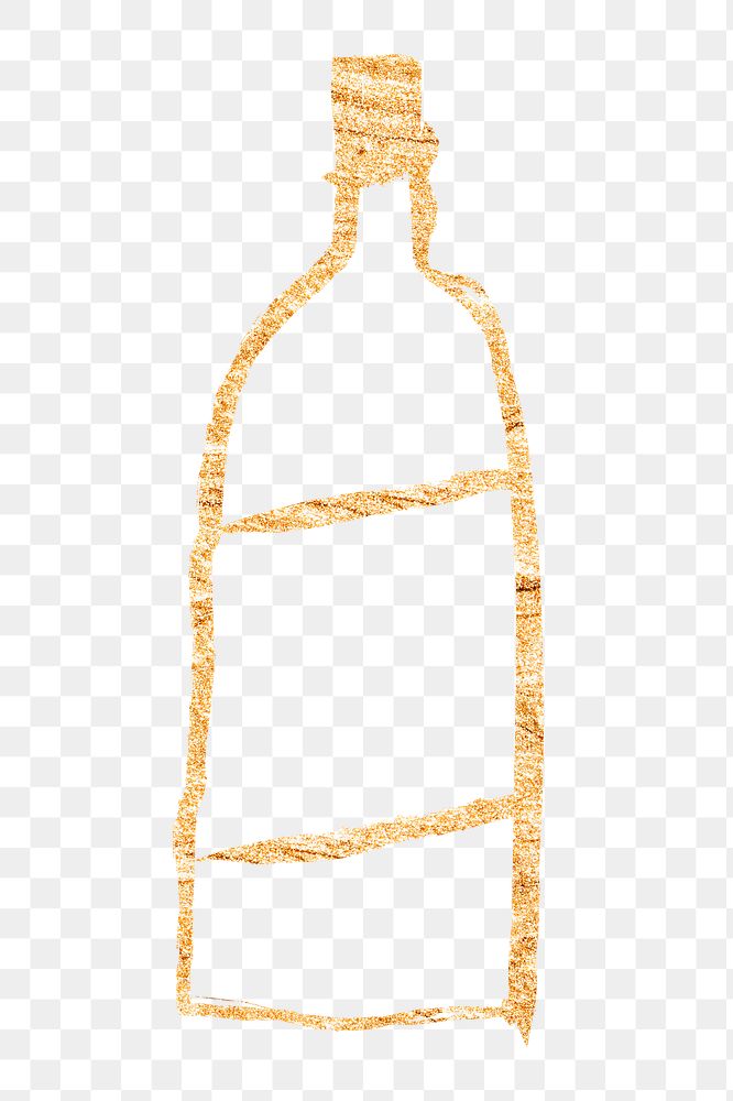 Bottle png sticker, gold glittery doodle, transparent background