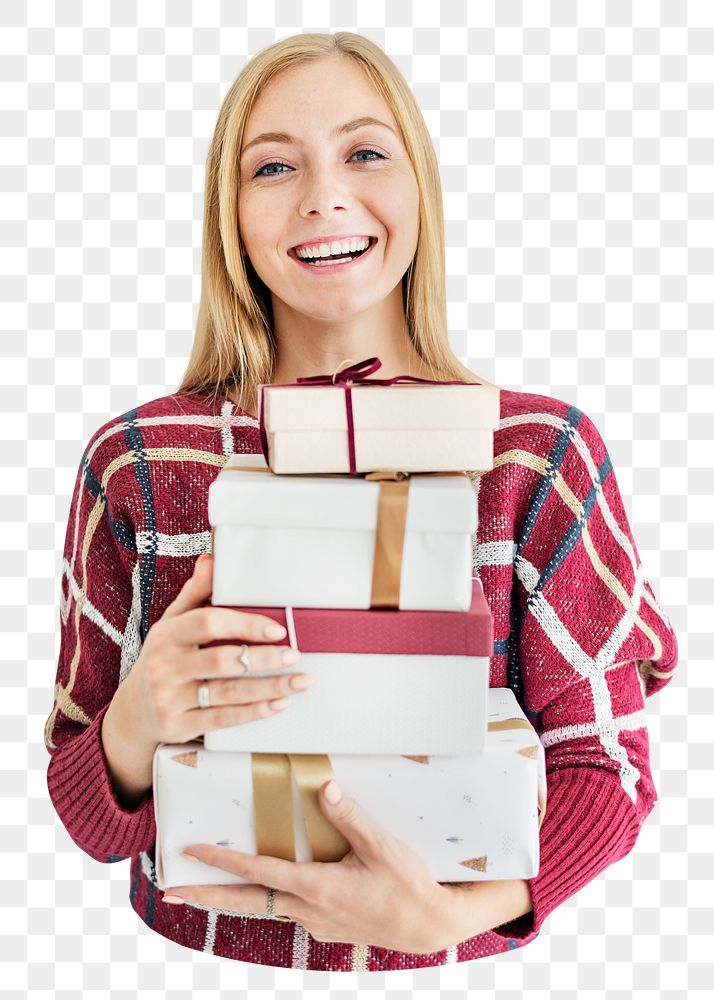 Woman png carrying gift boxes sticker, transparent background