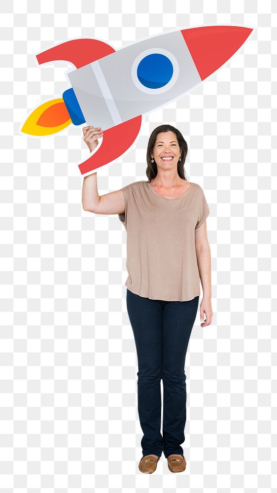 Startup launch png sticker, woman holding rocket, transparent background