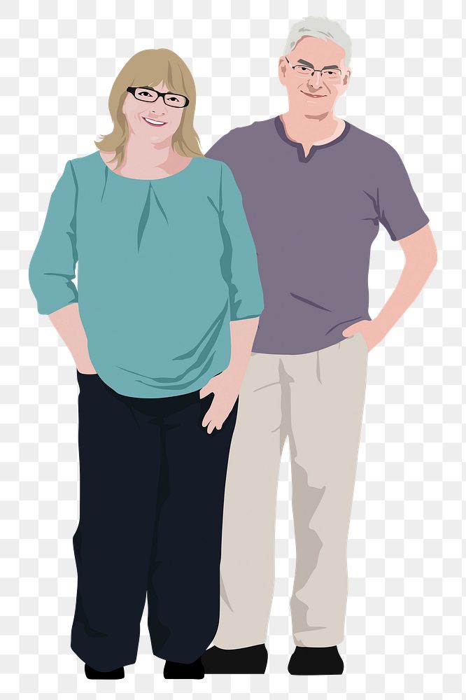 PNG senior couple sticker, standing characters in transparent background