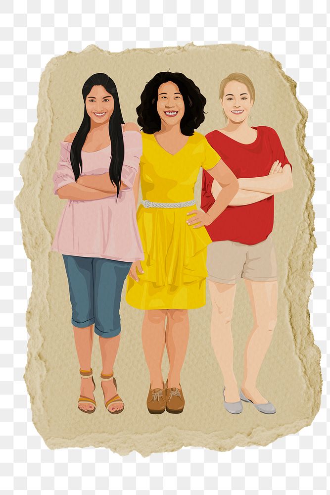 Diverse women png sticker, standing people in ripped paper, transparent background