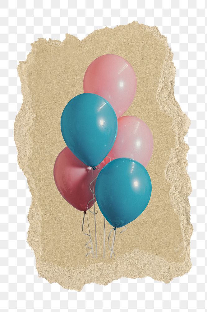 Floating balloons png sticker, ripped paper, transparent background