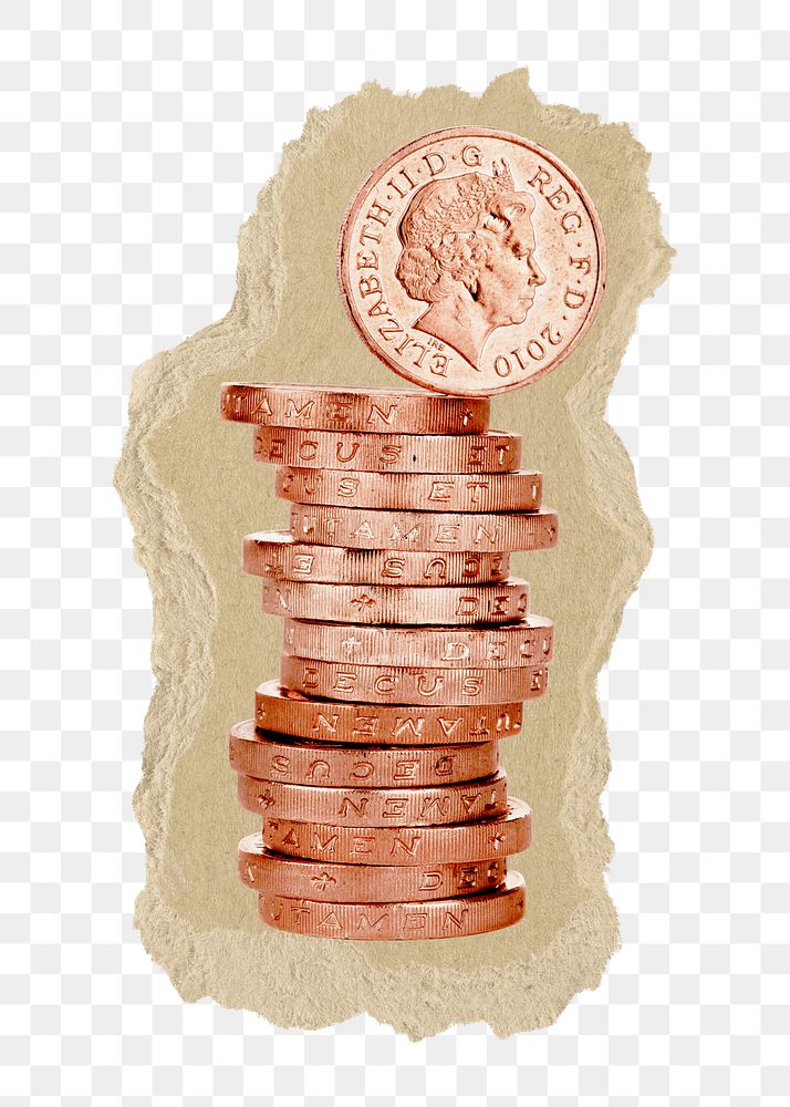 Png two pence, UK coin stack on ripped paper. Location unknown, 1 JUNE 2022