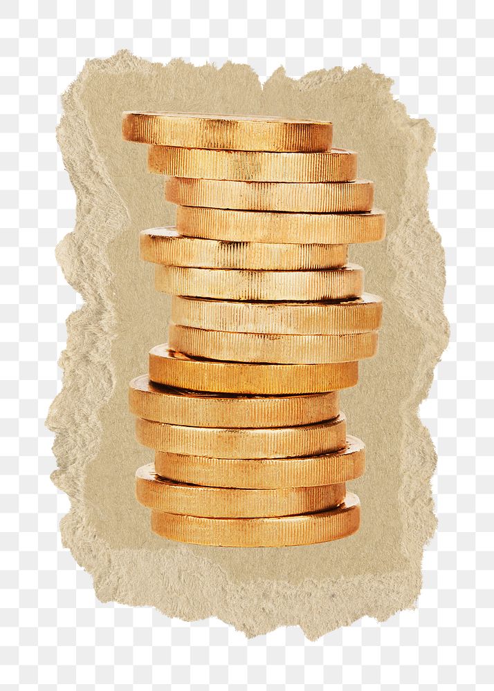 Gold coins, money png sticker, ripped paper, transparent background