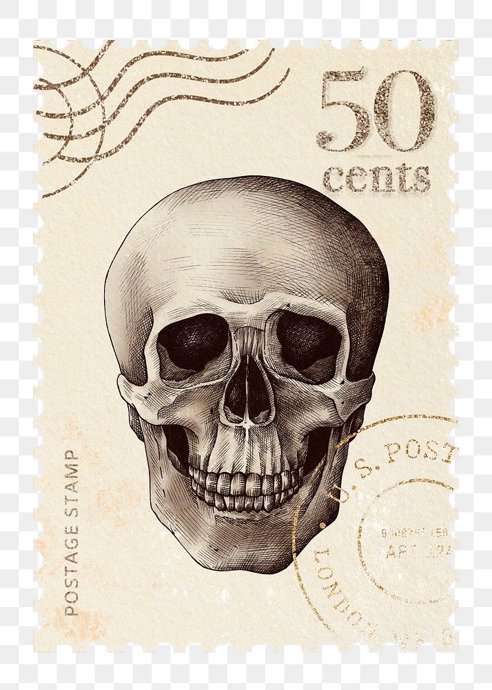 Png skull post stamp sticker, vintage dark academia, transparent background