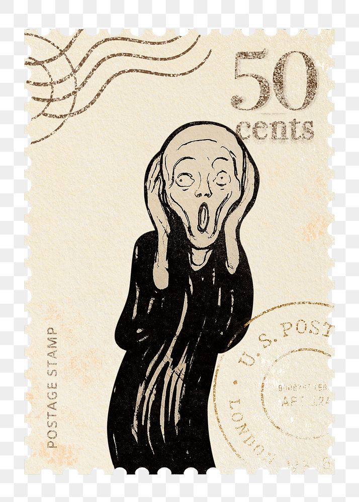 The Scream png postage stamp sticker, Munch, transparent background, remixed by rawpixel