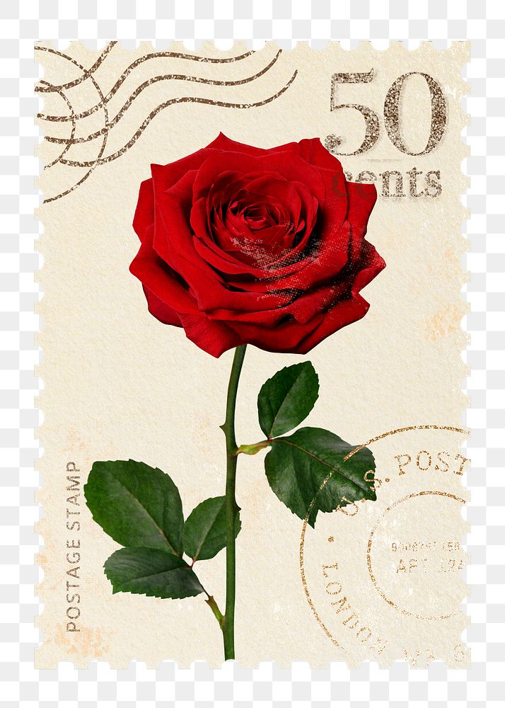 Png red rose postage stamp sticker, vintage flower, transparent background