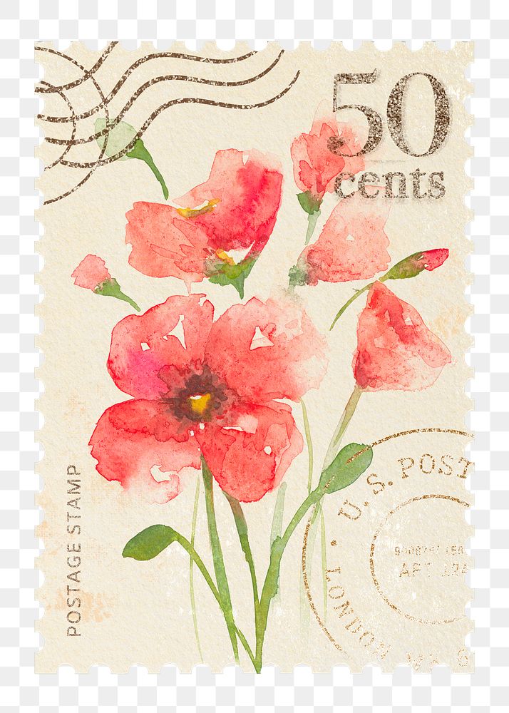 Watercolour flowers png postage stamp sticker, bullet journal, transparent background