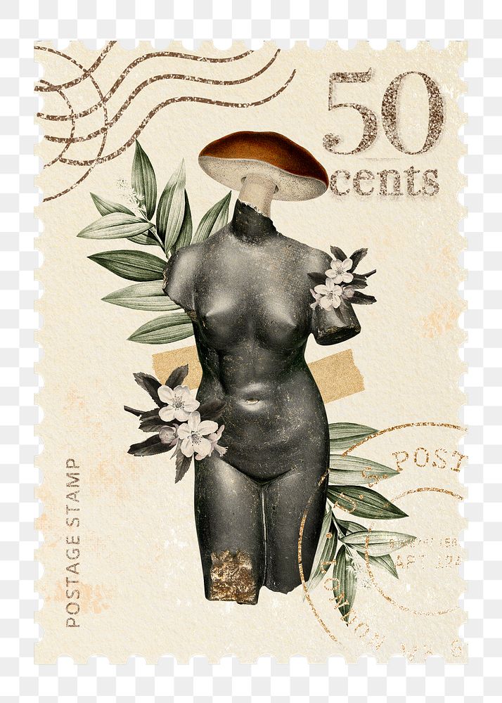 Png statue post stamp sticker, collage art, transparent background