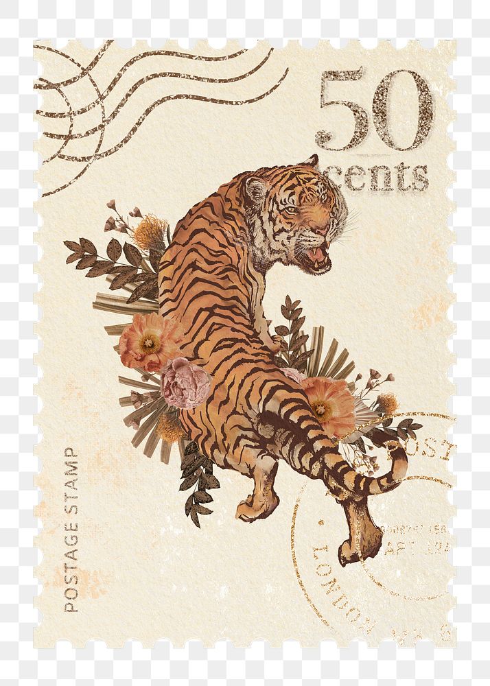 Png tiger post stamp sticker, collage art, transparent background